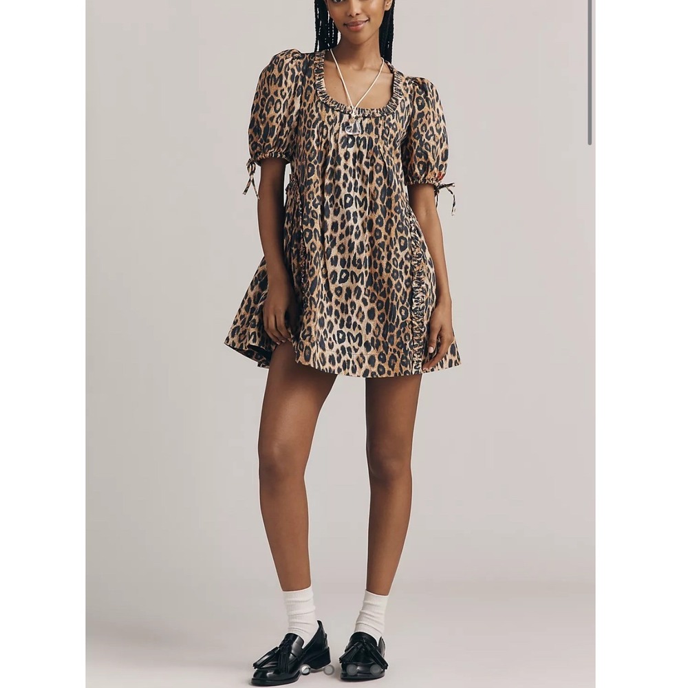 Damson Madder Meri Mini Dress Leopard Animal Print Puff Sleeve Ruffle Size 6 NEW